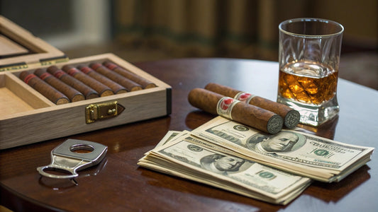 Box of premium cigars, cutter, whiskey and money on table