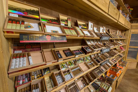 shelf of different cigar brands