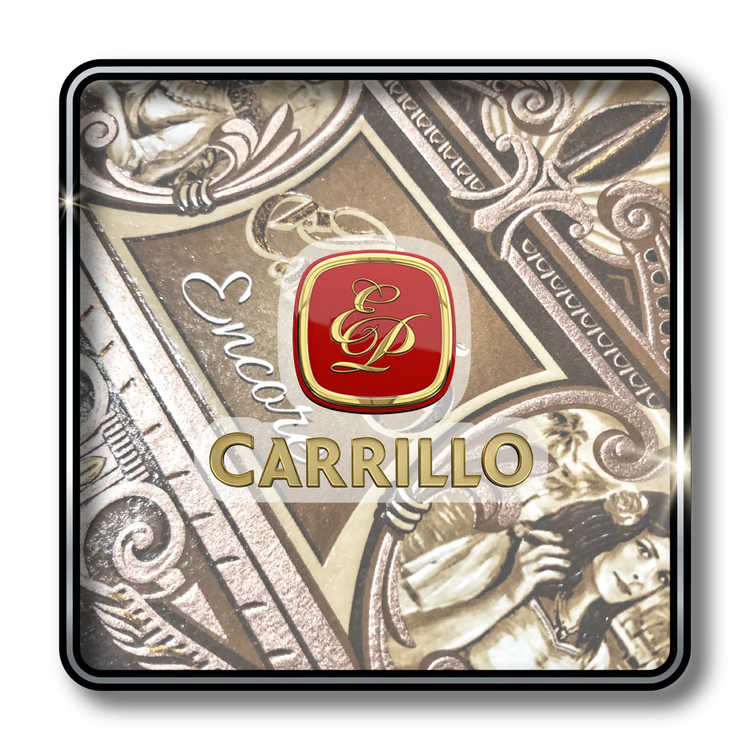 EP Carrillo Encore cigar label with gold ornate design and red emblem featuring EP initials.
