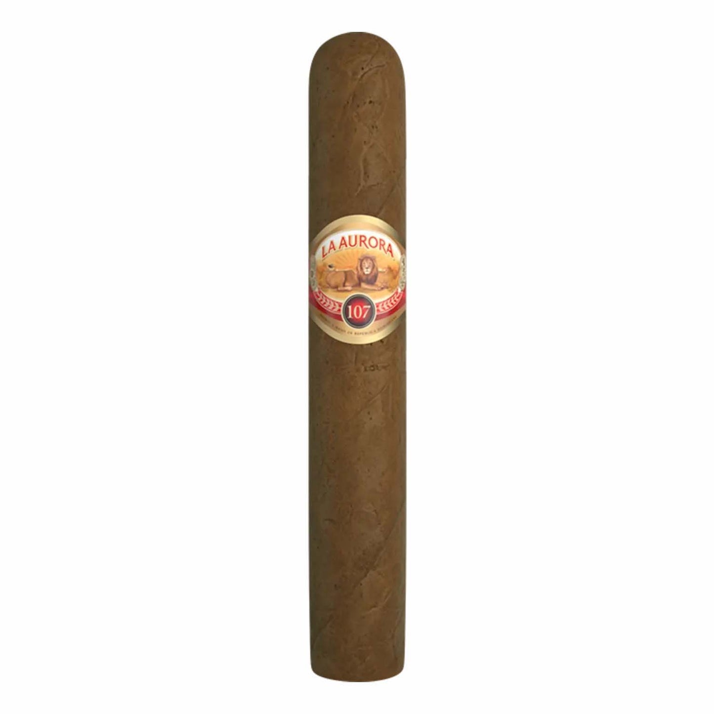 La Aurora 107 cigar with brown wrapper and branded label featuring a lion logo.