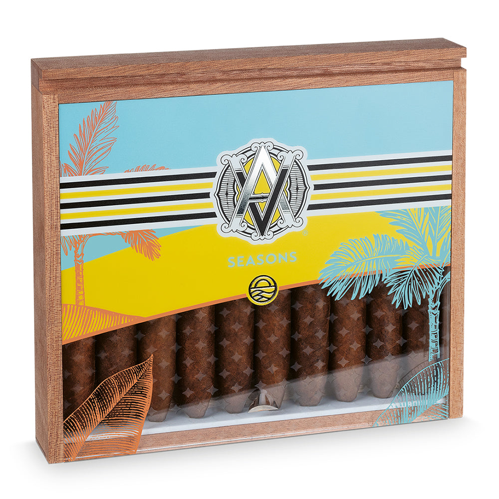 Cigar box with tropical palm design and colorful branding, featuring multiple cigars inside, labeled Seasons.