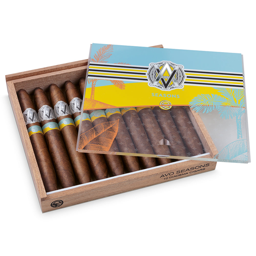 Open box of Avo Seasons cigars with decorative lid featuring a tropical design.