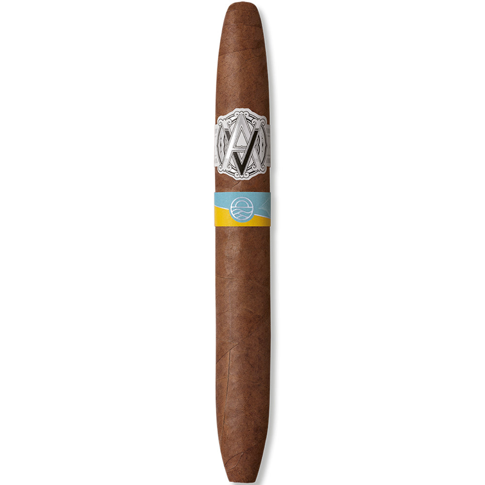 Brown cigar with band featuring decorative emblem and color accents.