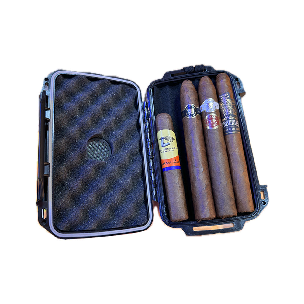Open cigar travel case containing four premium cigars with colorful bands, displayed against a white background.