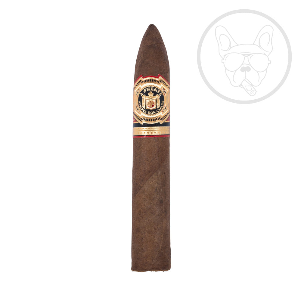 Brown cigar with a detailed label featuring a crest and text, isolated on a white background.