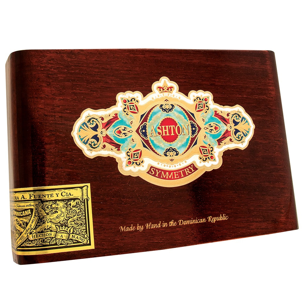 Wooden cigar box with decorative label displaying "Ashton Symmetry" and text indicating handmade in the Dominican Republic.