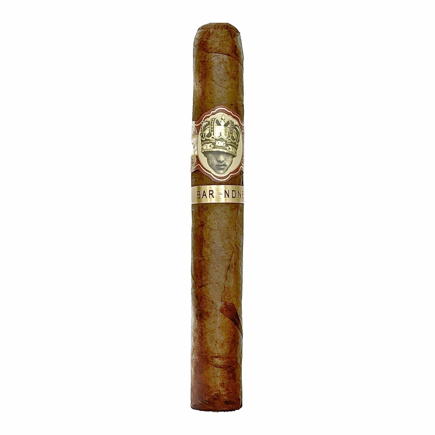Luxury cigar with detailed label featuring a crowned emblem and the text "Bar None," standing upright against a white background.