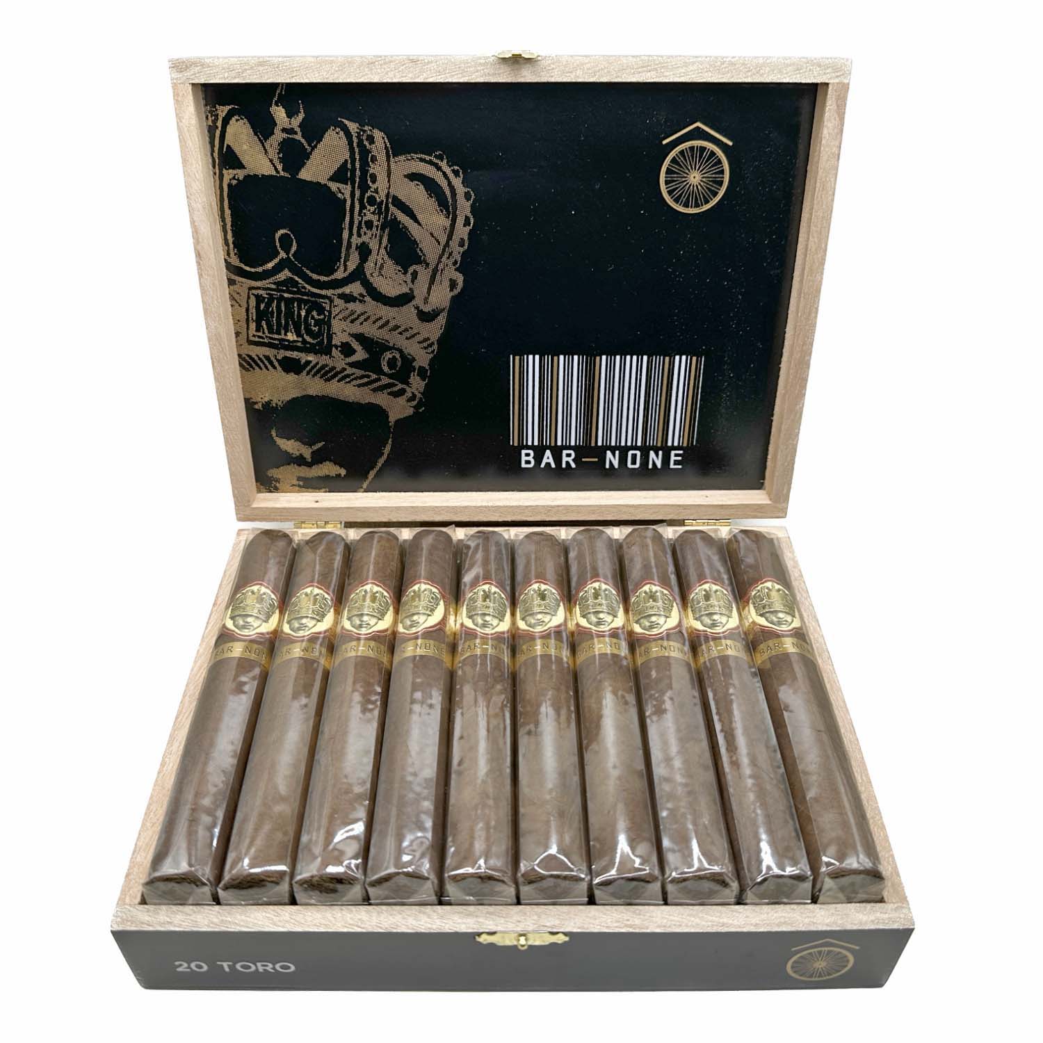 Wooden box of premium cigars with gold labels, featuring a king symbol and barcode design inside the lid, labeled "Bar-None."