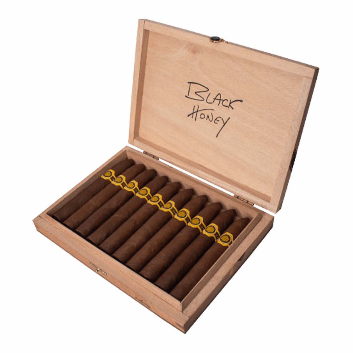 Open wooden cigar box labeled "Black Honey" containing ten neatly arranged cigars with yellow bands.
