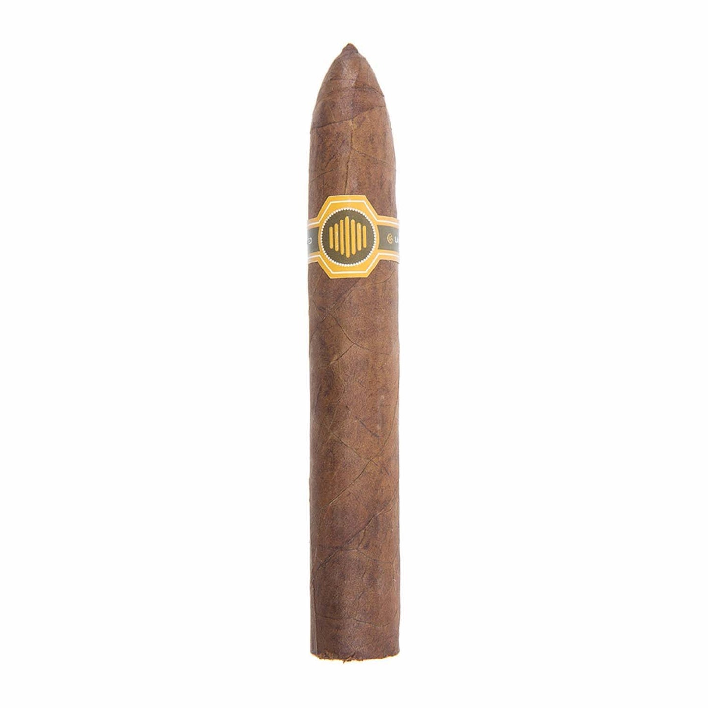 Brown cigar with a yellow band on a white background.