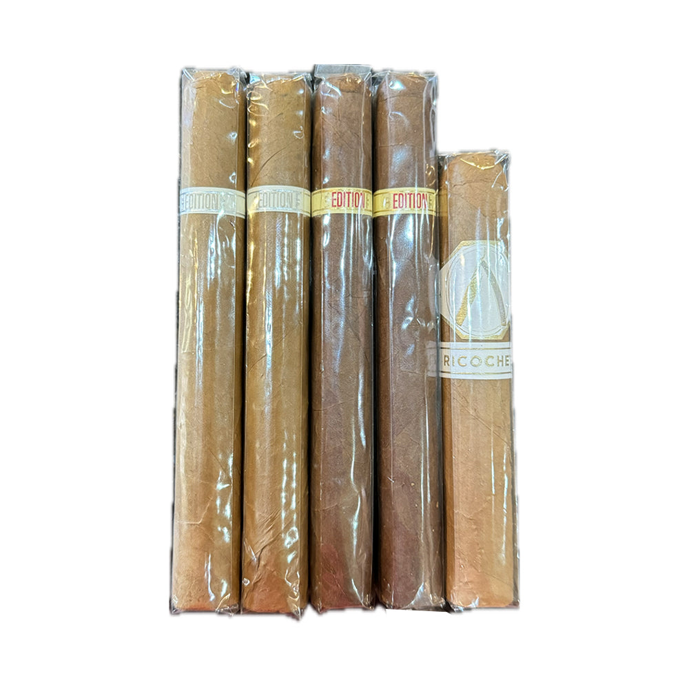 Five wrapped cigars lined up vertically with distinct labels and various shades of brown wrappers.