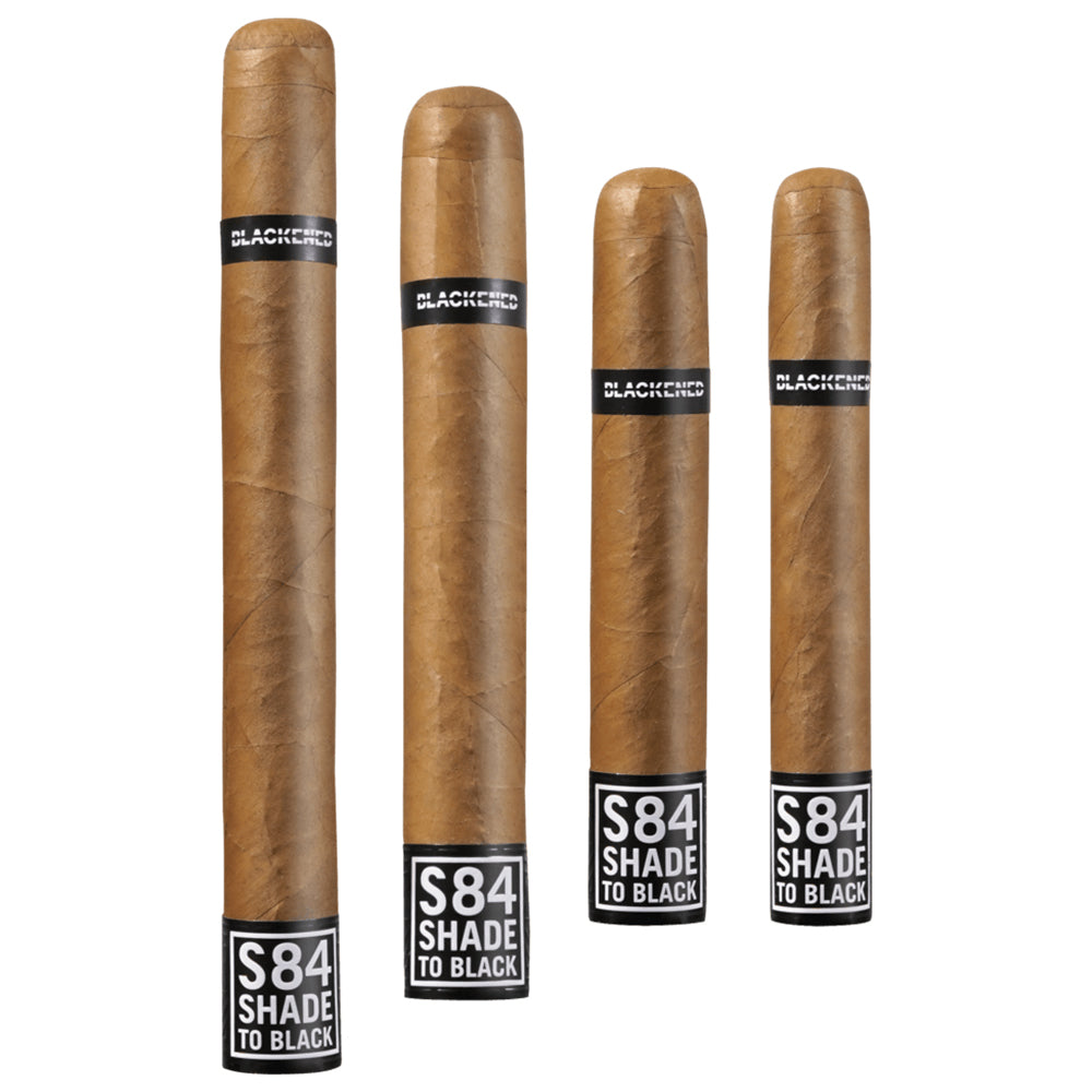 Four different sizes of Blackened S84 Shade to Black cigars with labels.
