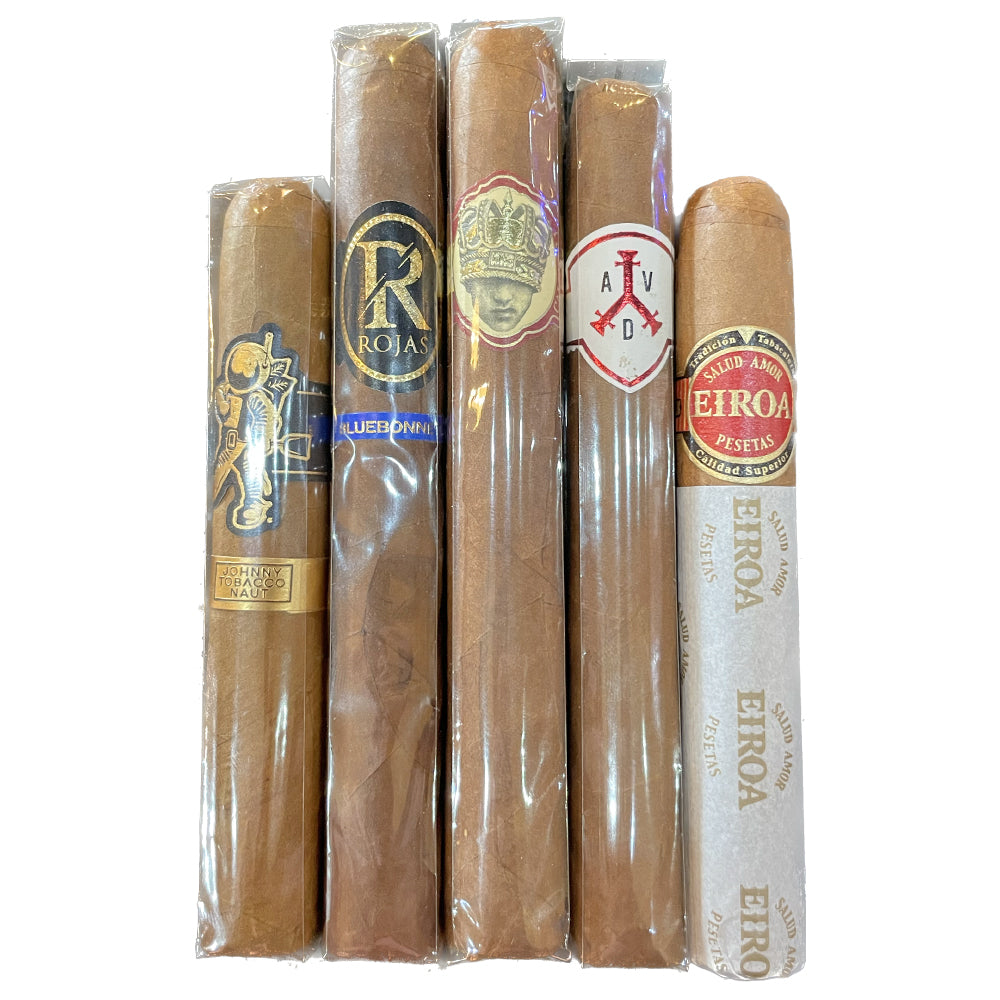 Five assorted cigars with distinct bands and packaging upright on a white background.