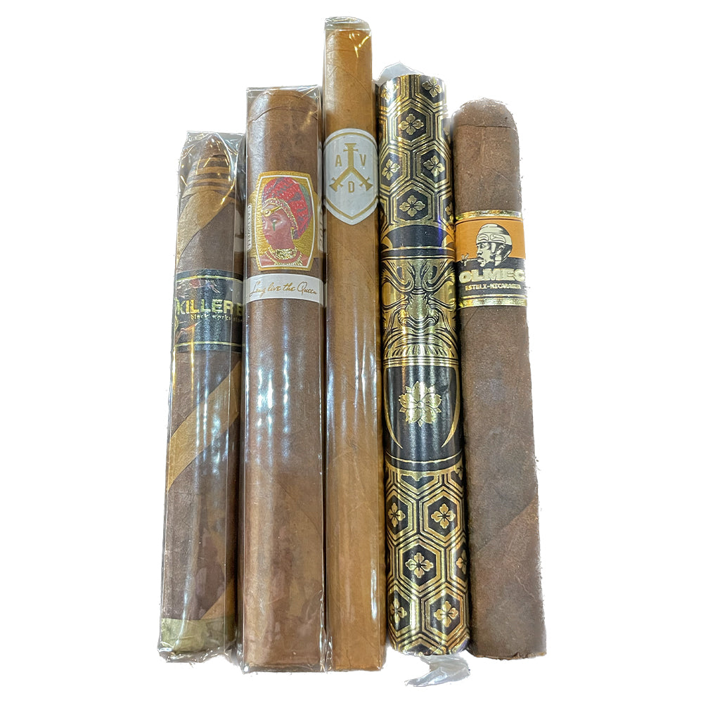Assorted premium cigars in packaging, featuring various labels and designs.