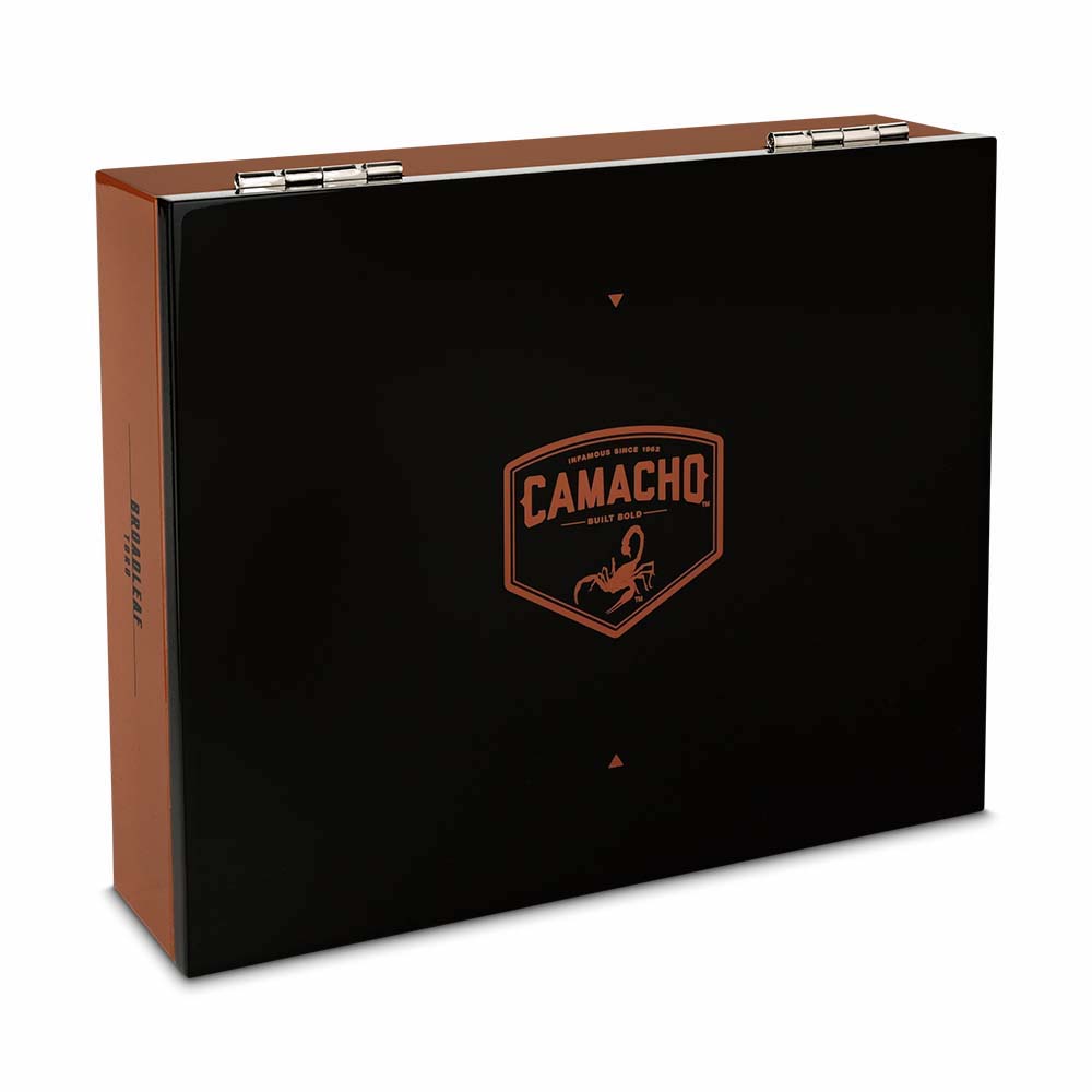 Camacho cigar humidor box, black with brown branding and logo, closed lid with hinges.