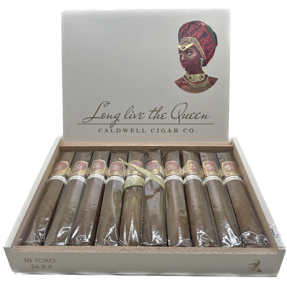 Box of Caldwell Cigar Co. "Long Live the Queen" cigars, featuring a regal illustration on the lid.
