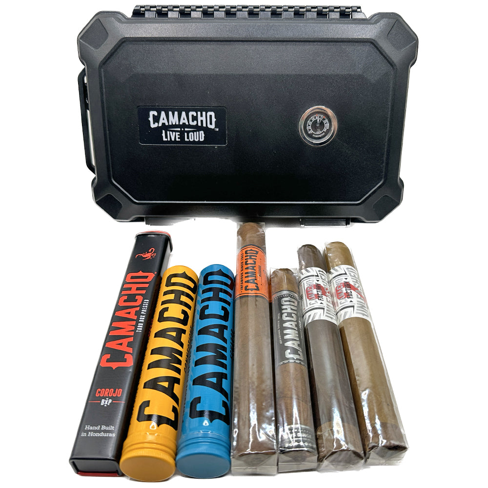 Camacho cigar sampler pack with various cigar tubes and a humidified travel case.