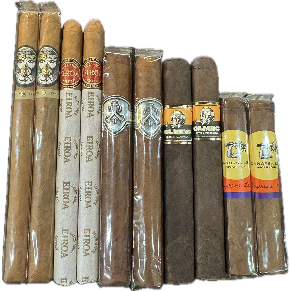 Assorted premium cigars with various labels and packaging, showcasing different brands and styles.