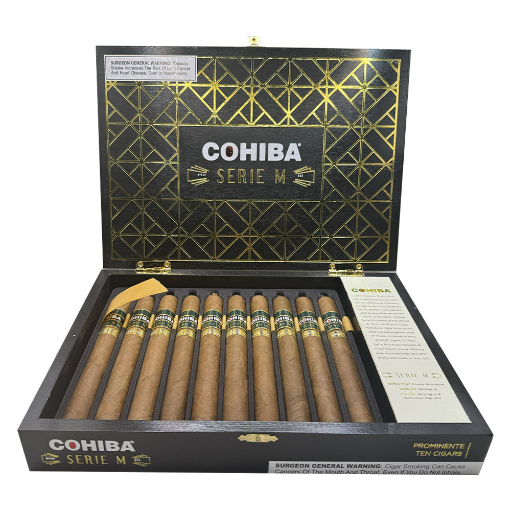 Box of Cohiba Serie M cigars with ten cigars displayed inside, featuring a detailed design on the inner lid and a warning label.