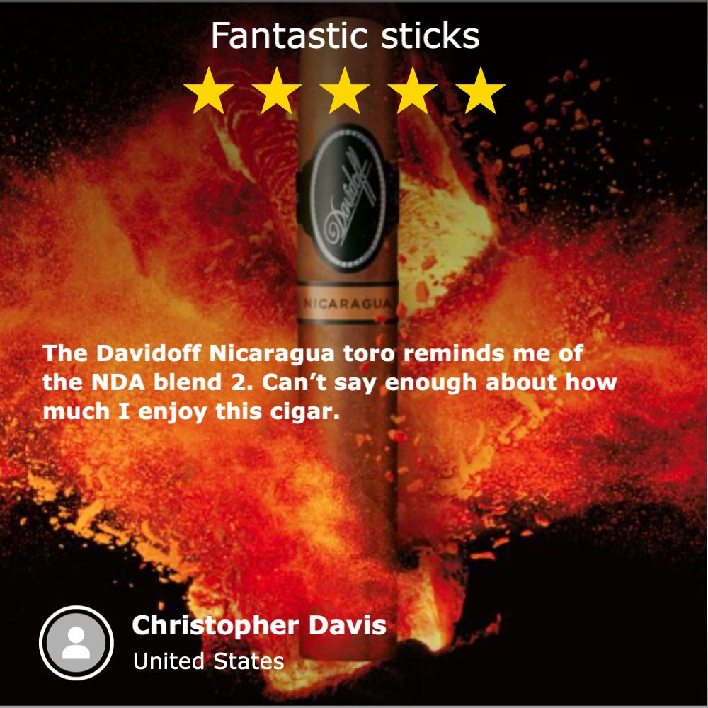 Five-star review of Davidoff Nicaragua cigar with fiery background, highlighting positive feedback from Christopher Davis from the United States.
