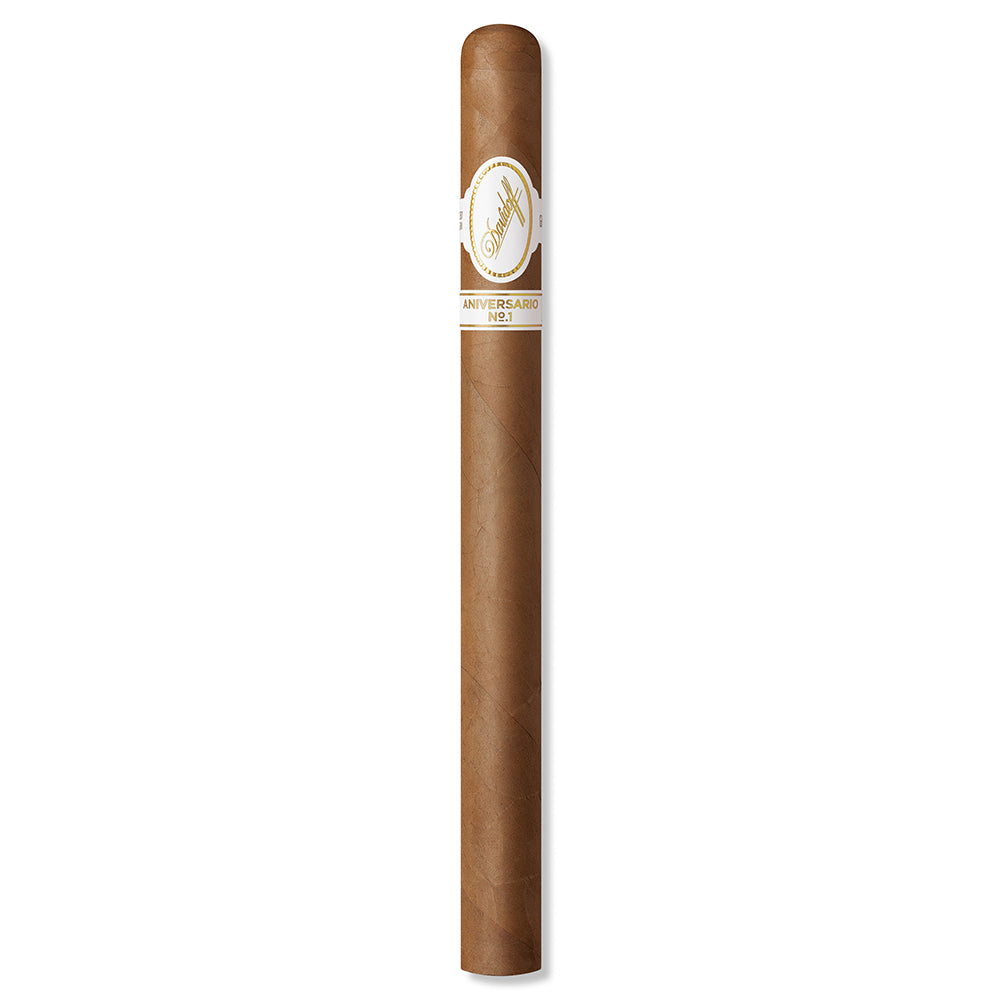 Long brown cigar with a white and gold band labeled "Davidoff Aniversario No. 1" against a white background.