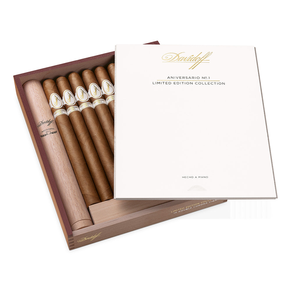 Open box of Davidoff Aniversario No.1 Limited Edition Collection cigars with elegant packaging.
