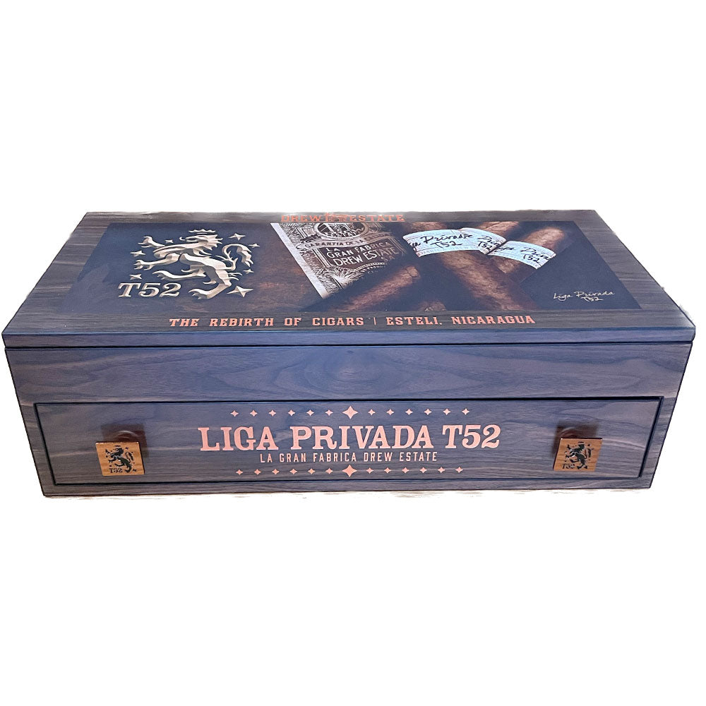 Liga Privada T52 cigar box featuring Drew Estate branding and design.