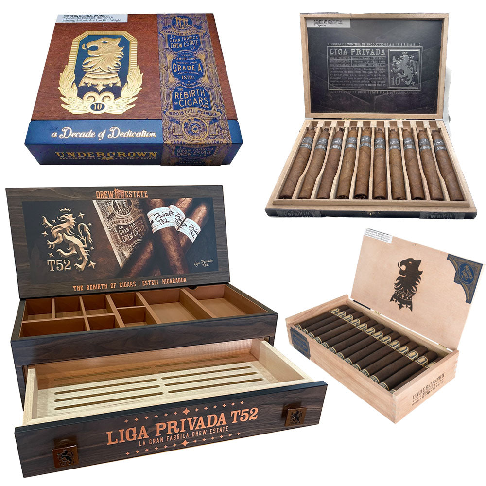 Drew Estate cigar boxes and humidors featuring Undercrown and Liga Privada T52 cigars displayed in open and closed positions.
