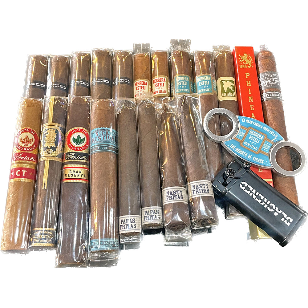 Assorted cigars in packaging with cigar cutter and lighter.