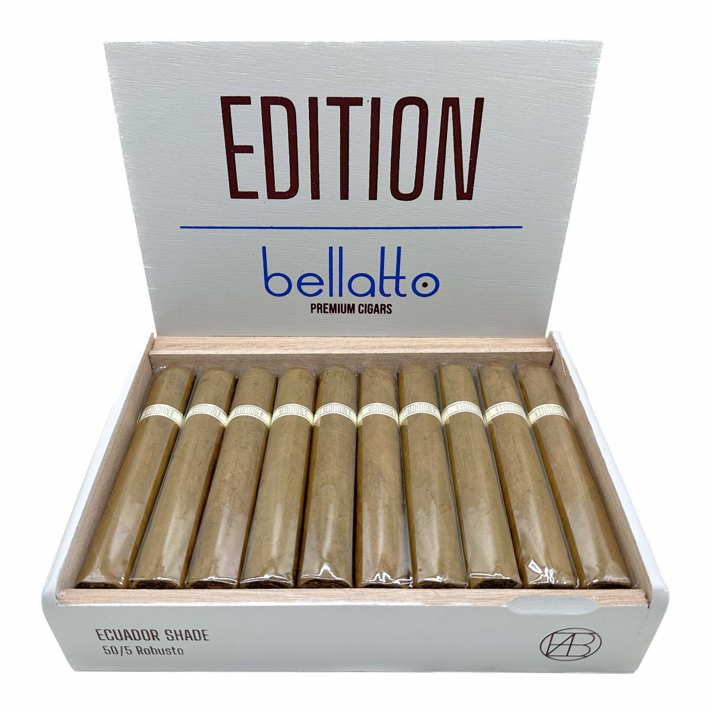 Box of Bellatto Edition premium cigars featuring Ecuador Shade 50/5 Robusto, arranged neatly with packaging visible.