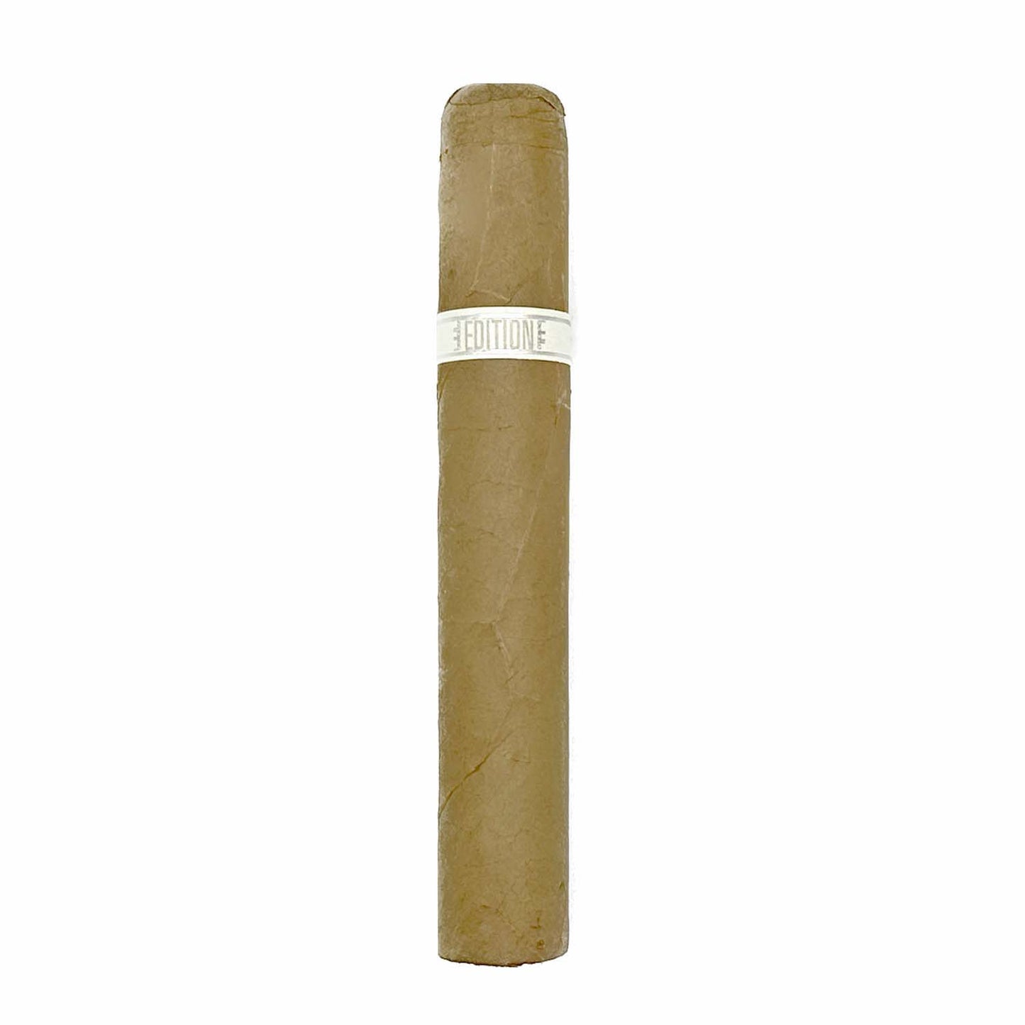 Single light brown cigar with white band on a plain white background.