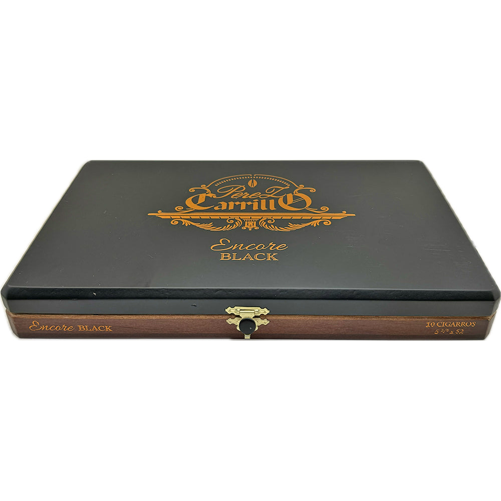 Cigar box labeled "Encore Black" with gold design and a clasp, holding 10 cigars.
