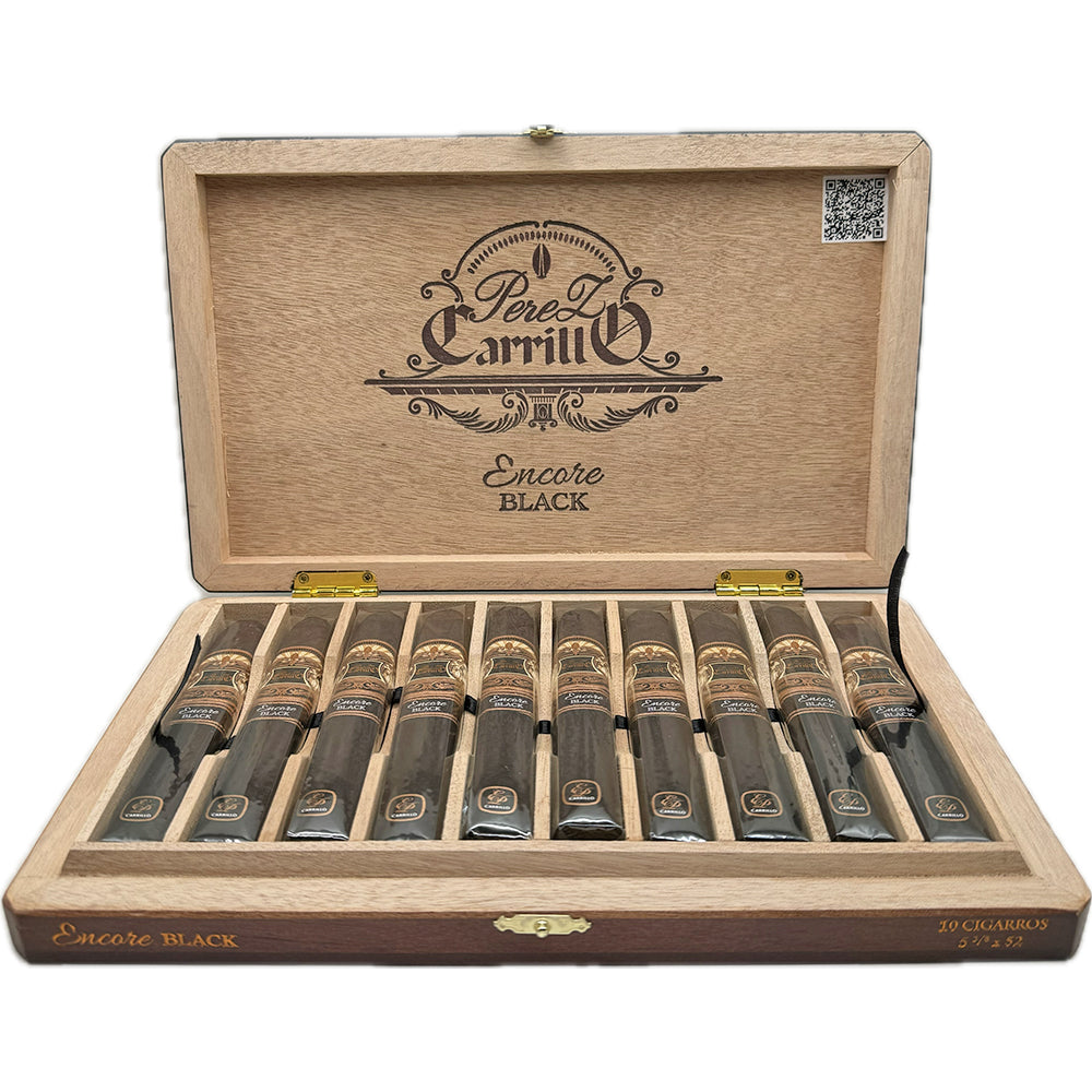 Open wooden box of Perez Carrillo Encore Black cigars, neatly arranged.