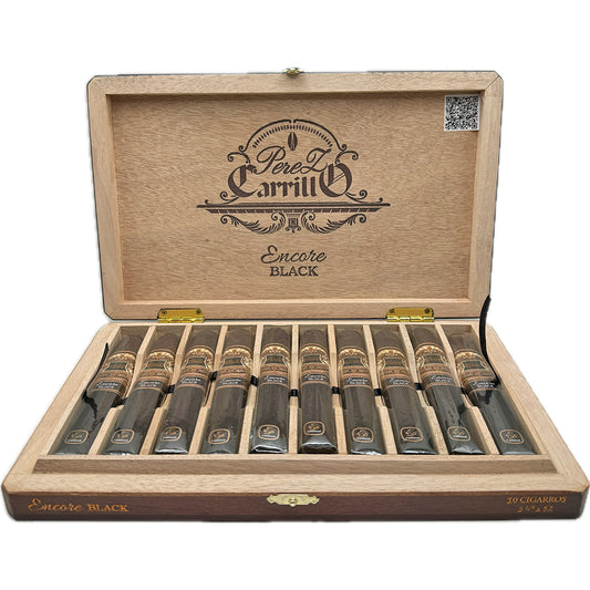 Open wooden box of Perez Carrillo Encore Black cigars, neatly arranged.