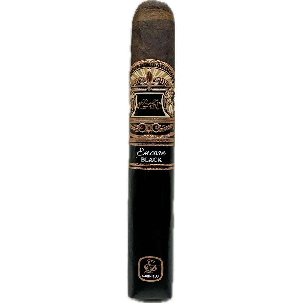 E.P. Carrillo Encore Black cigar with intricate gold and black label detailing.