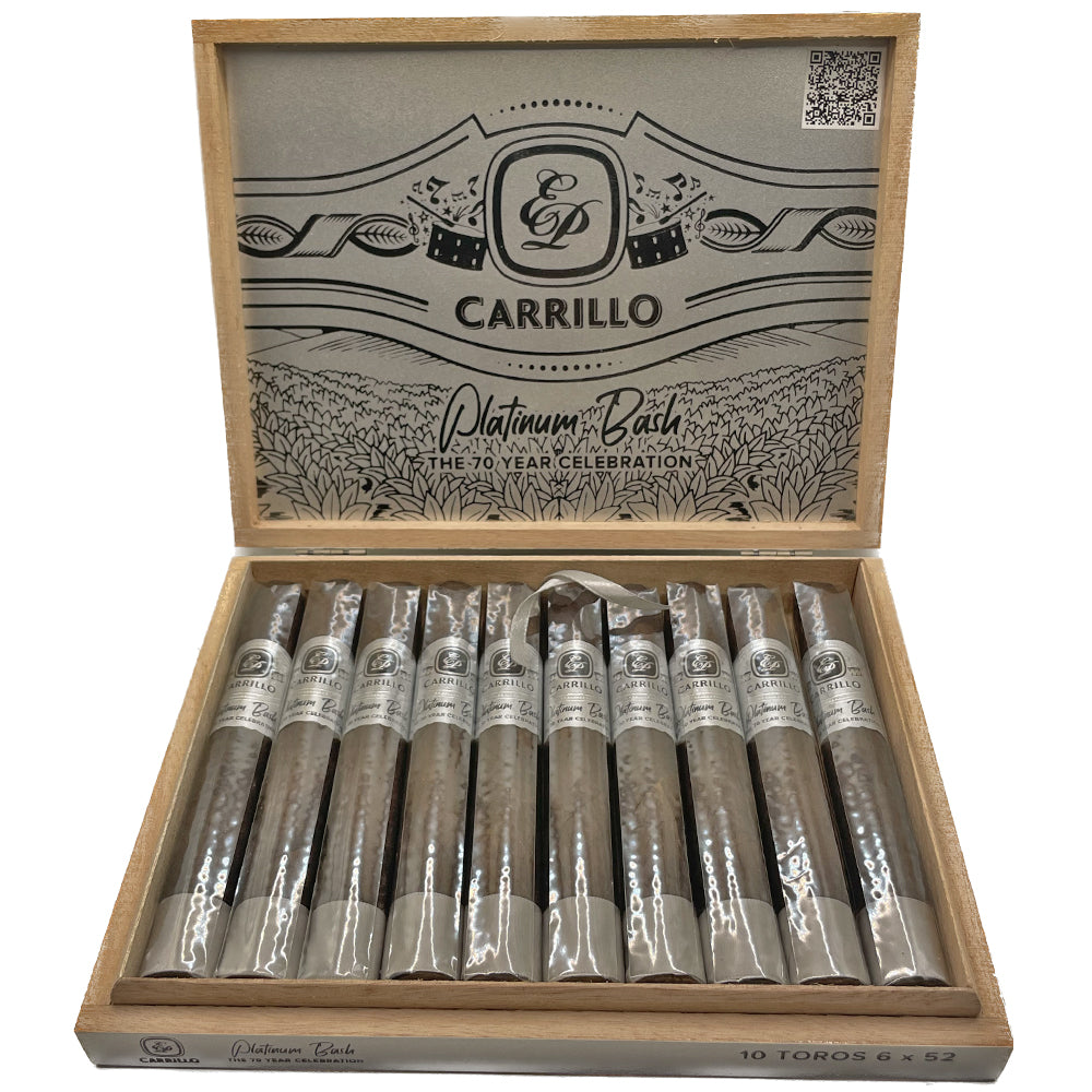 Open box of E.P. Carrillo Platinum Bash cigars featuring ten wrapped cigars for the 70-year celebration.