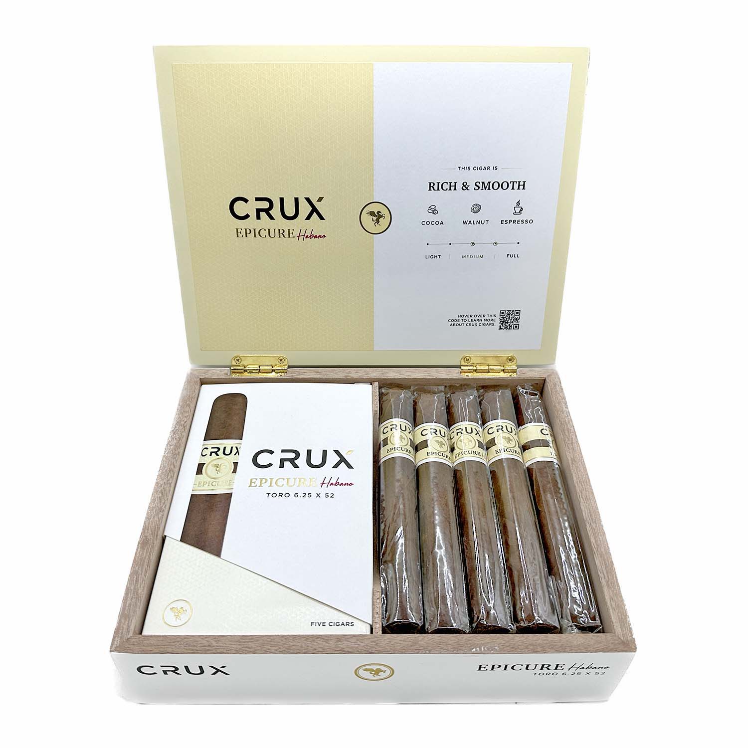 Open wooden box of Crux Epicure Habano cigars with five cigars displayed, highlighting rich and smooth flavor notes including cocoa, walnut, and espresso.