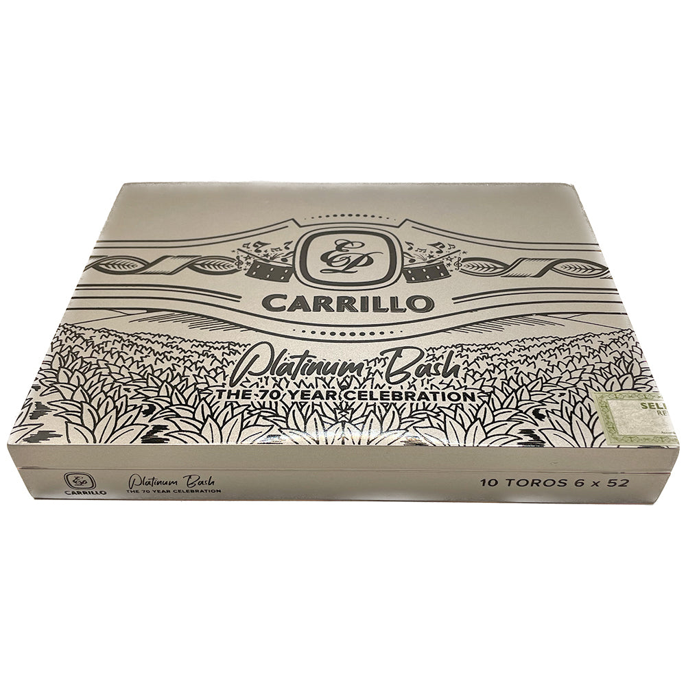 E.P. Carrillo Platinum Bash cigar box celebrating 70 years, featuring elegant design and logo.