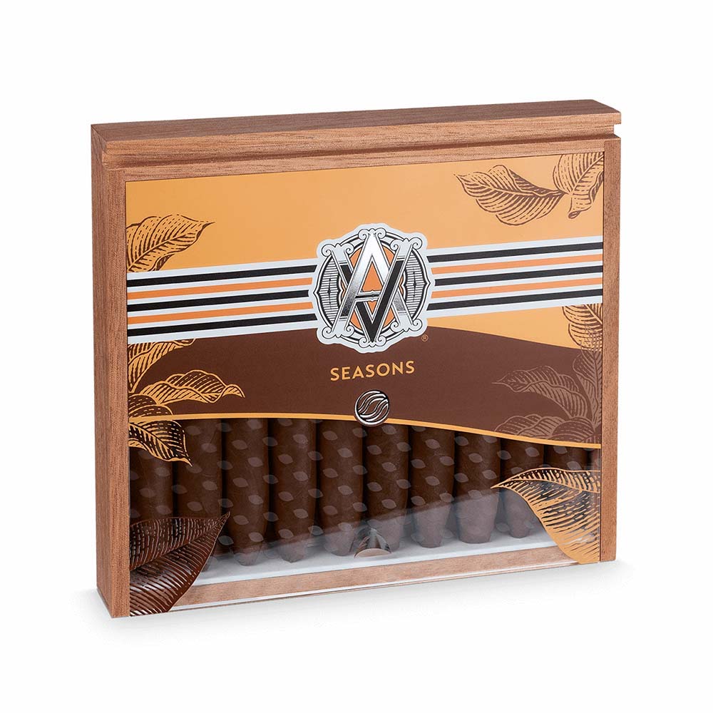 Box of Avo Seasons cigars featuring a wooden frame and decorative leaf design.