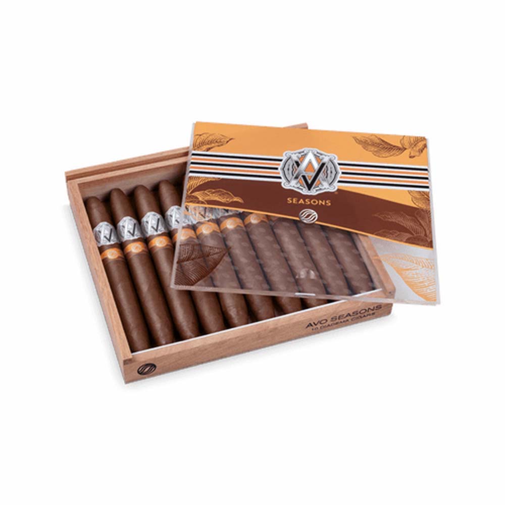 Open box of AVO Seasons cigars with branded packaging.