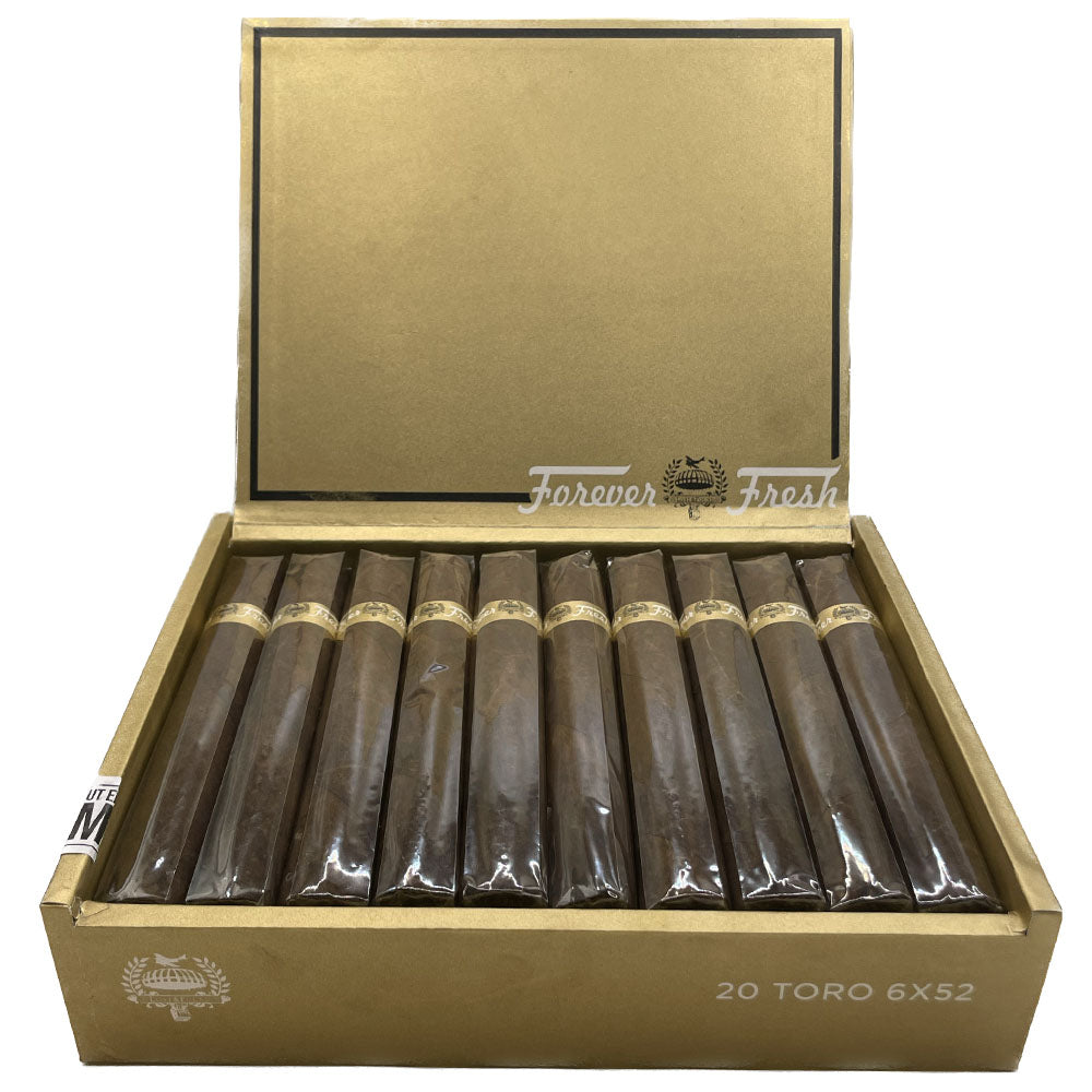 Box of twenty Toro cigars labeled "Forever Fresh" with golden packaging.
