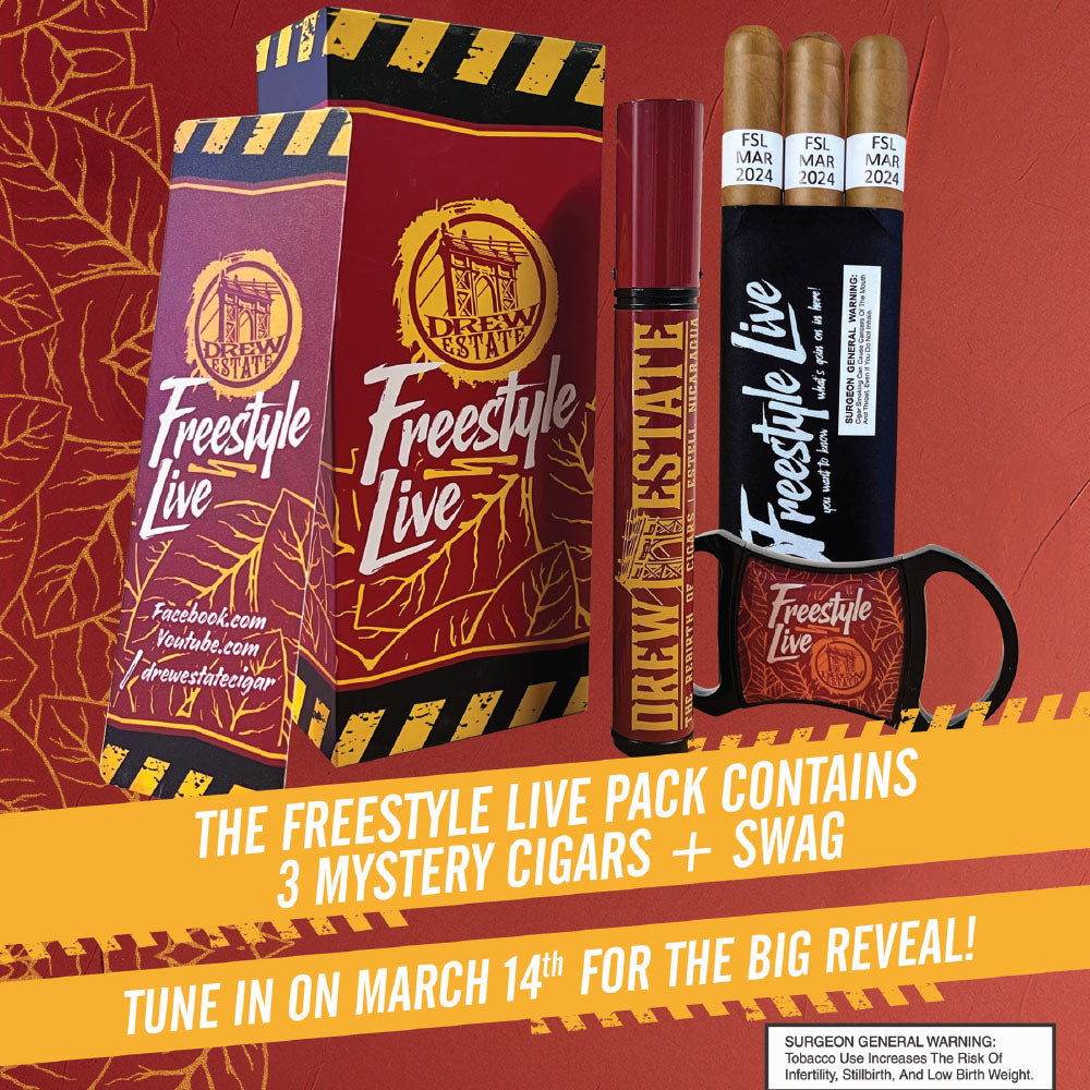 Freestyle Live pack featuring three mystery cigars and branded swag with a reveal event on March 14th.