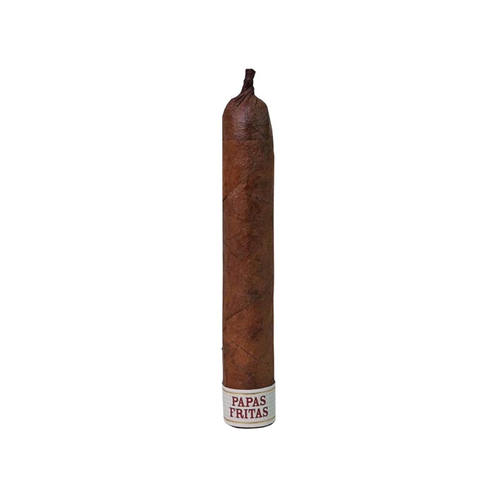 Brown cigar with a white band labeled "Papas Fritas" against a plain white background.