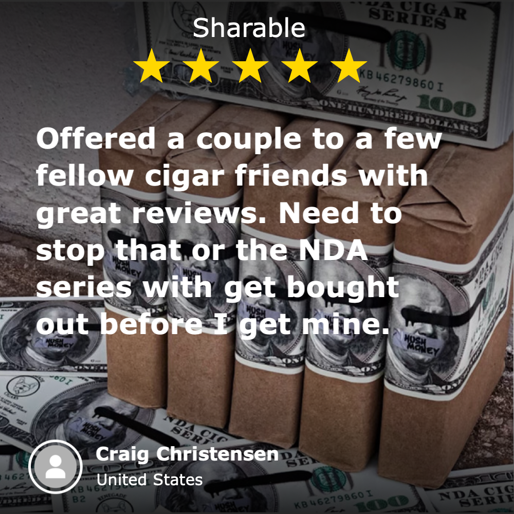 Five-star review for cigars wrapped in hundred-dollar bills with a caption about great reviews and high demand by Craig Christensen from the United States.
