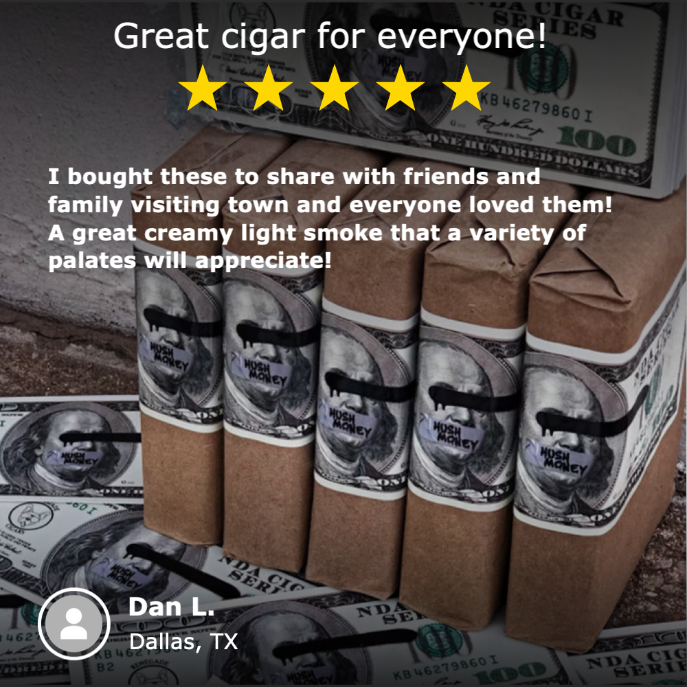Five cigars wrapped in hundred-dollar bill designs with a five-star review praising them as a creamy light smoke, and a user name from Dallas, TX.