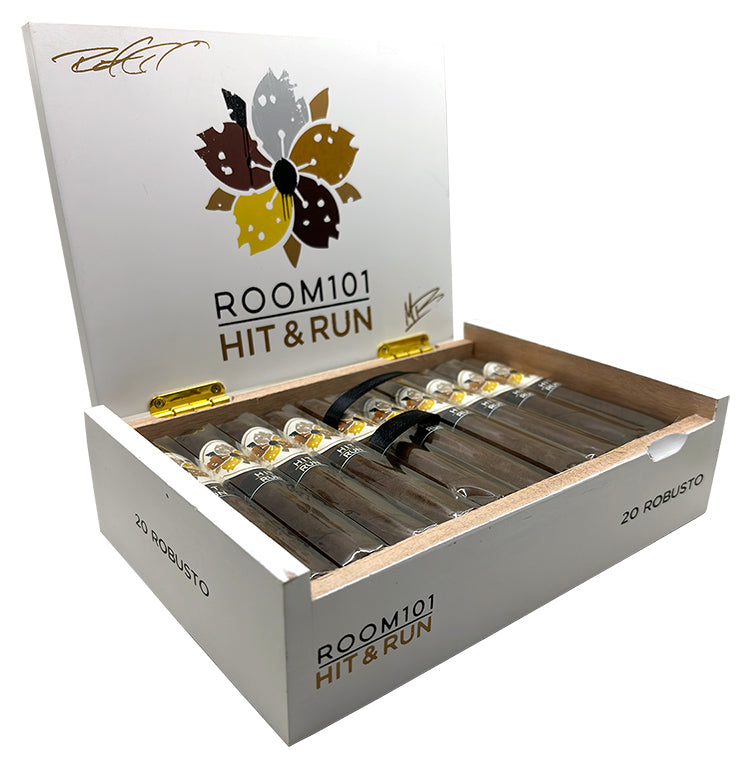 Open box of Room101 Hit & Run cigars, featuring 20 Robusto cigars with branded packaging.