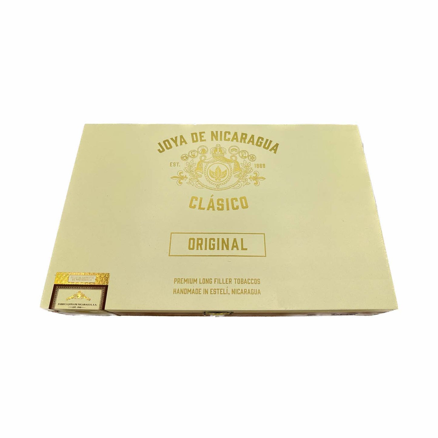 Joya de Nicaragua Clásico Original cigar box packaging, featuring premium long filler tobaccos handmade in Estelí, Nicaragua.