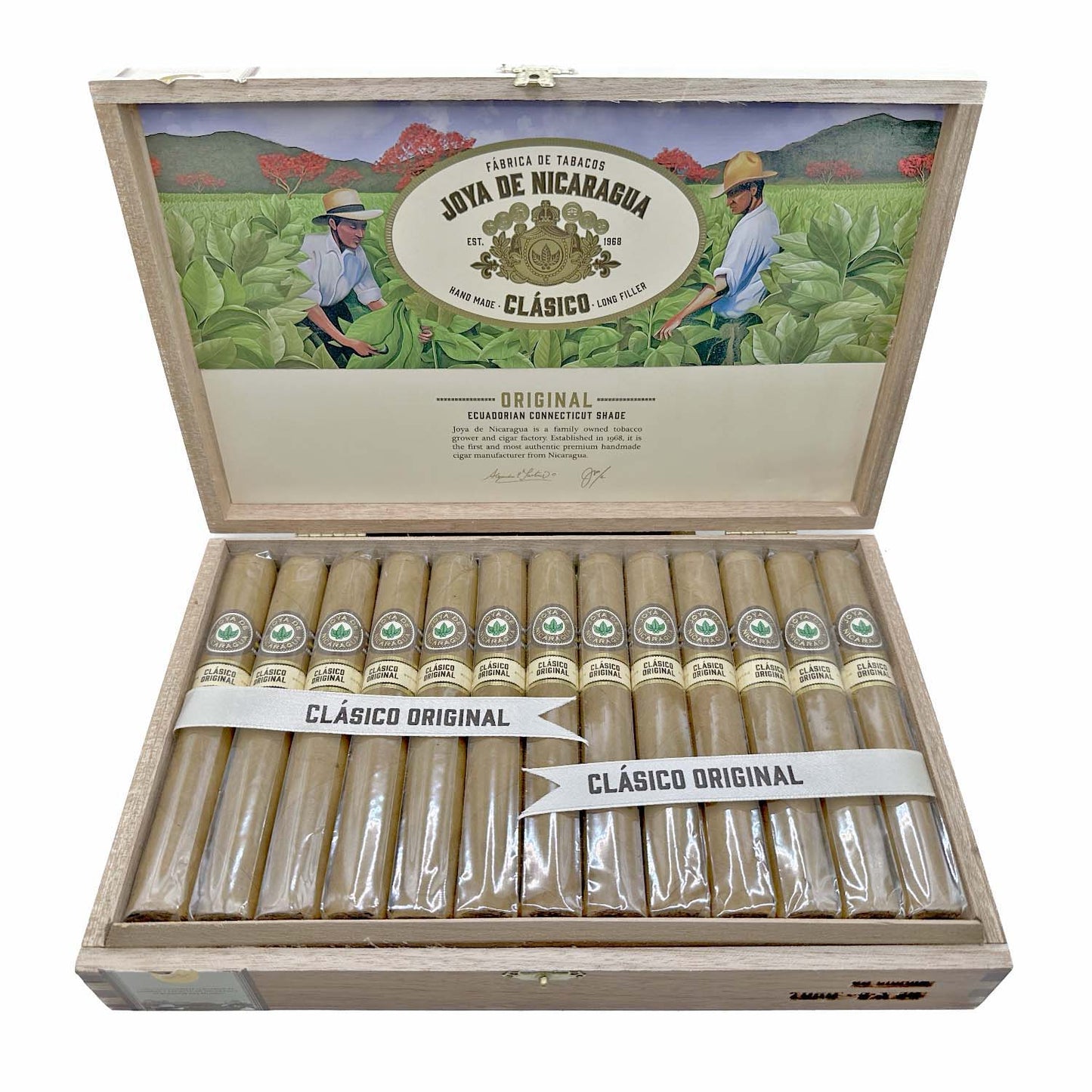 Box of Joya de Nicaragua Clasico cigars displaying the packaging and brand logo, showcasing premium Nicaraguan tobacco products.