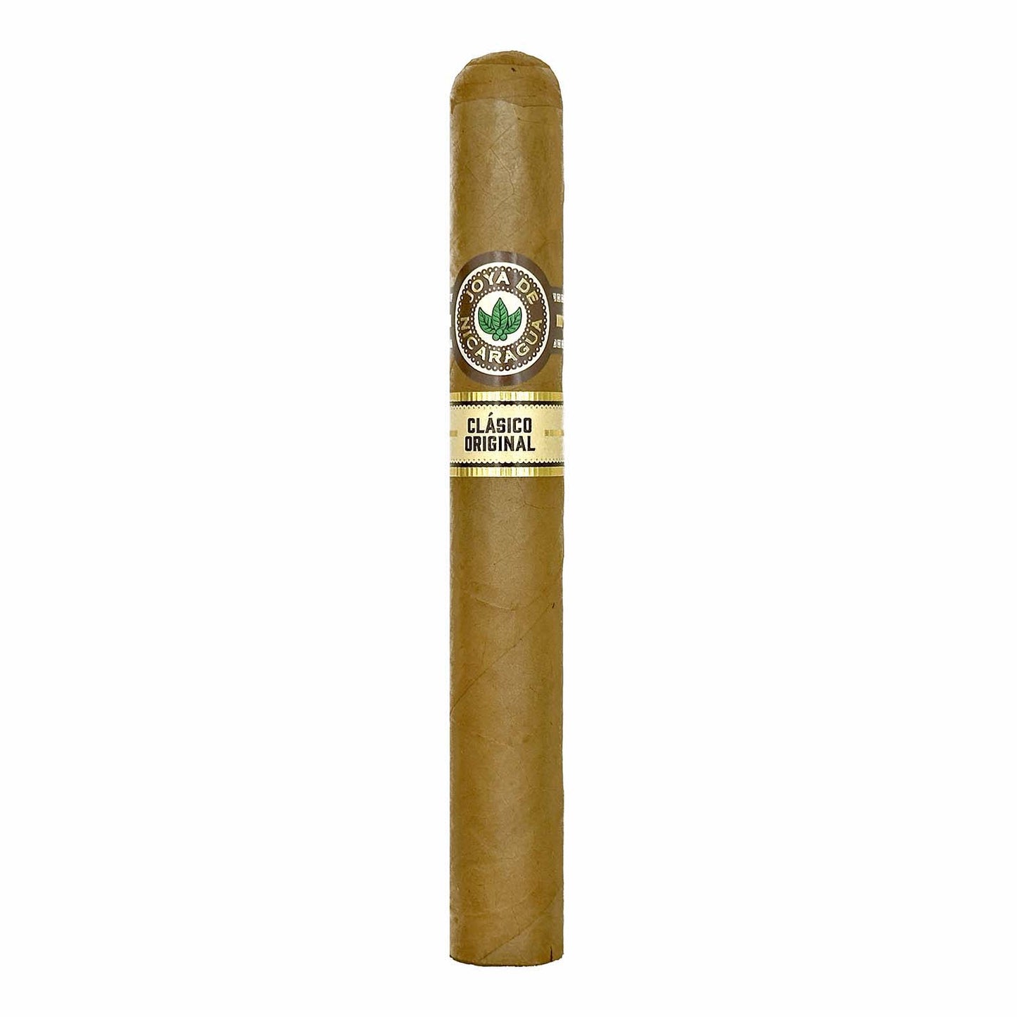 Joya de Nicaragua Clásico Original cigar with brown wrapper and label on a white background.