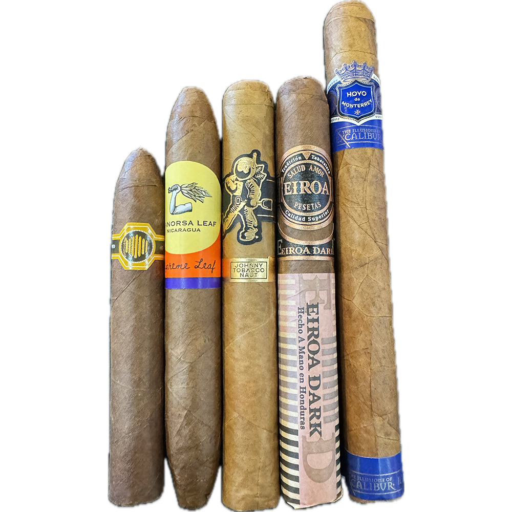 Assorted premium cigars with colorful labels standing upright.